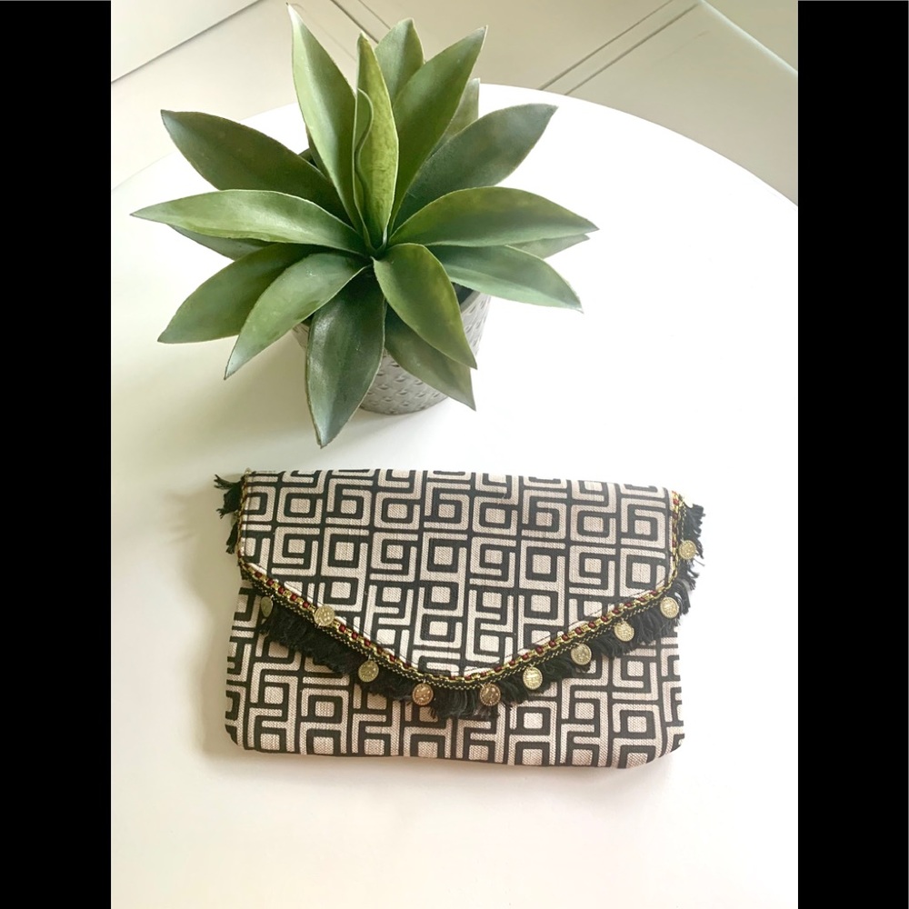 Geometric Print Clutch w/ Gold Coin Fringe